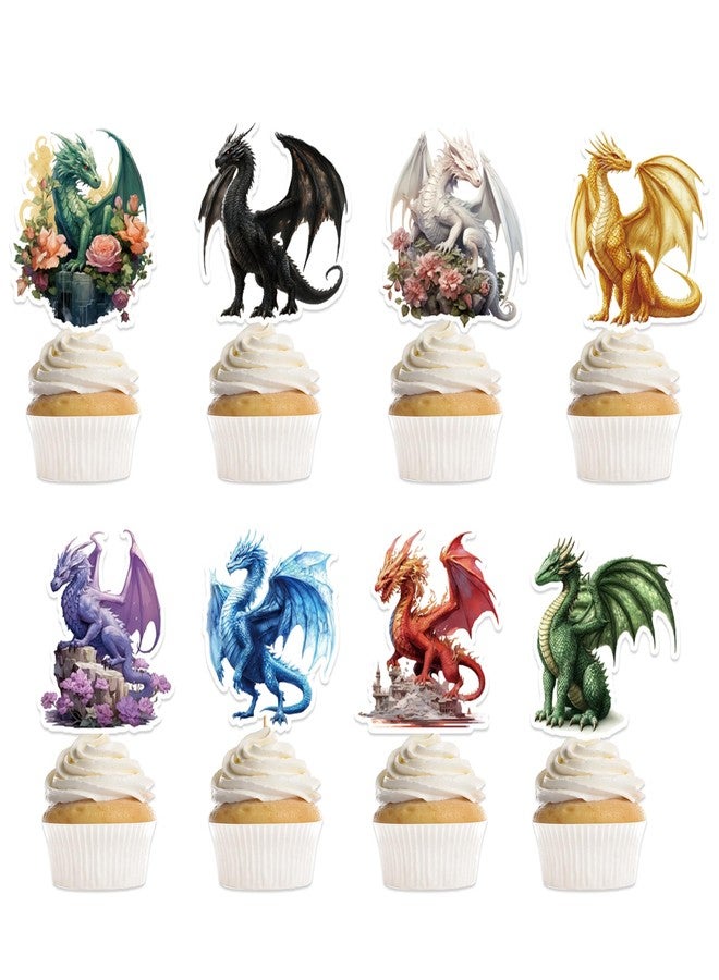 EoBeCy 40 Pcs Dragon Birthday Party Decorations, Fantasy Dragon Cupcake Toppers, Mystical Cupcake Picks for Birthday Parties and Events (8 Designs) - Image 1
